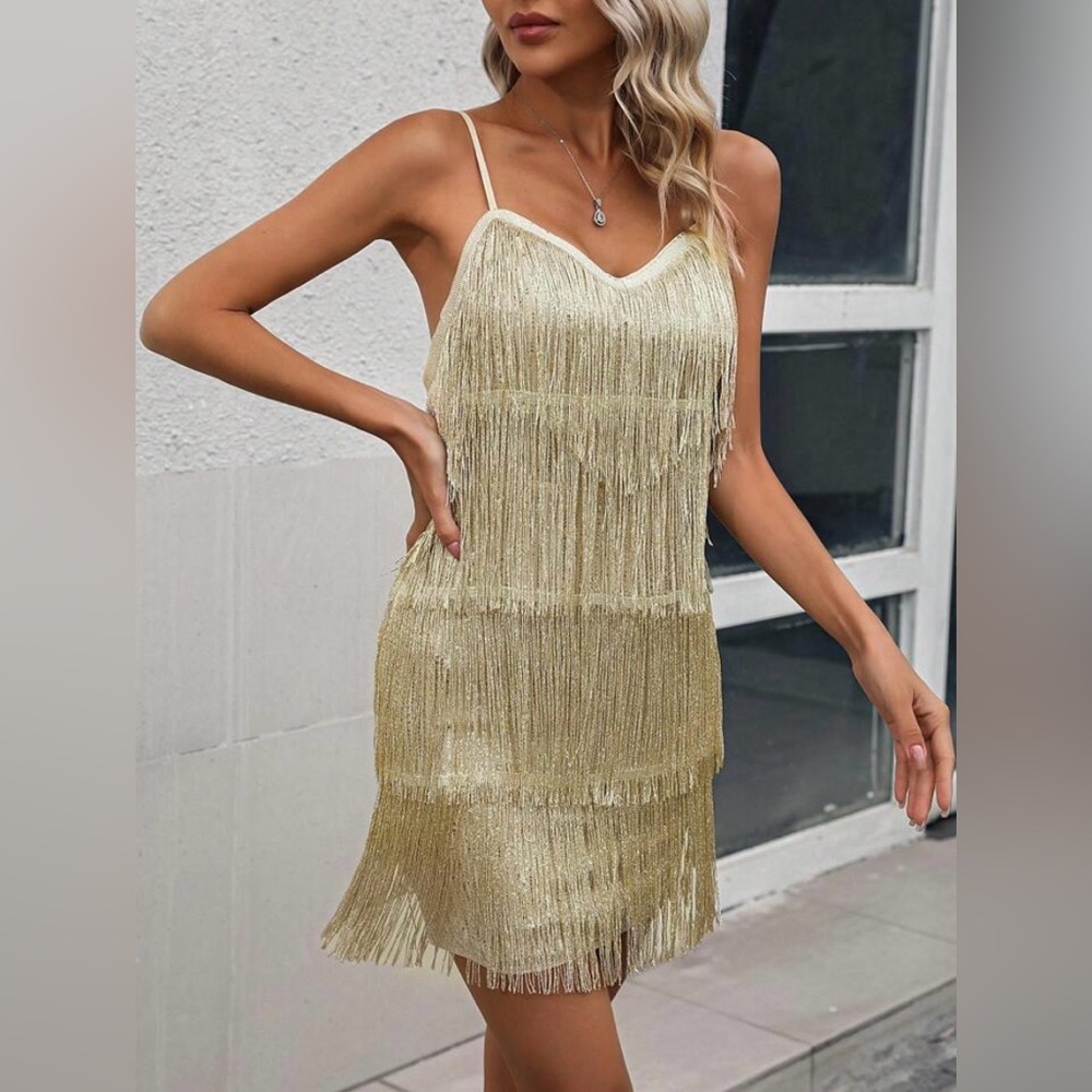 Champagne Fringe Backless Sequin Flapper Dress